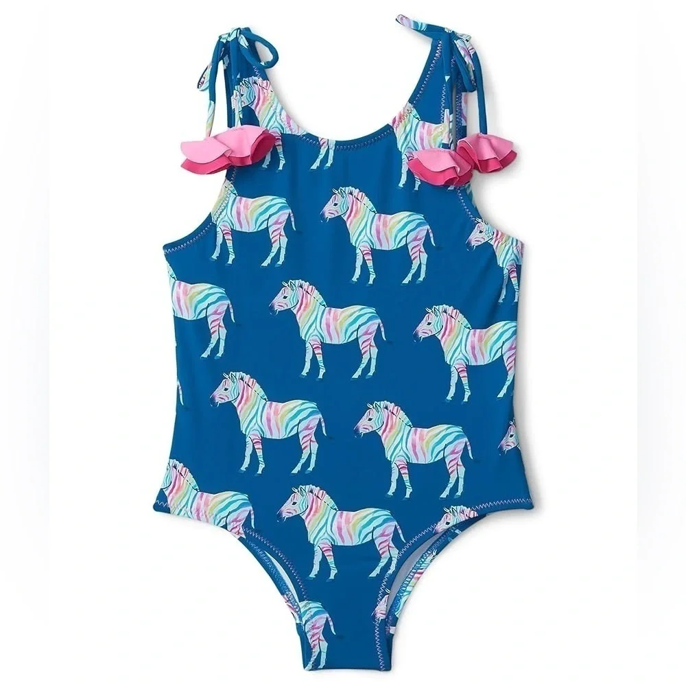 Hatley Rainbow Zebra One Piece Swimsuit tie Shoulder Bow scoop back girls
